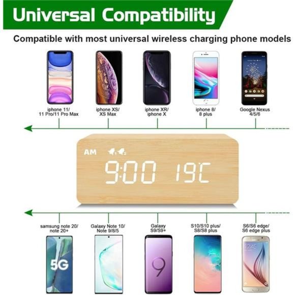 Digital Wooden Alarm Clock w/ Wireless Charging 0-100% Dimmer Dual Alarm Snooze - Picture 4 of 5